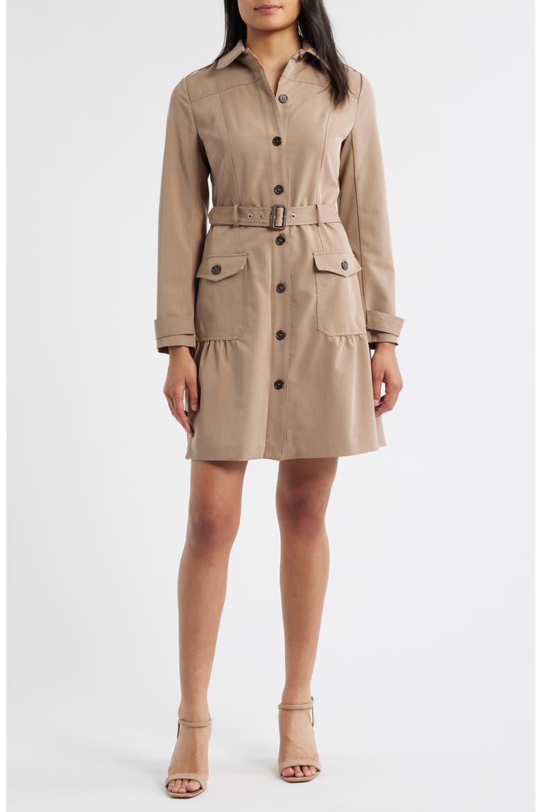 Safari Belted Long Sleeve Minidress, Main, color, LATTE