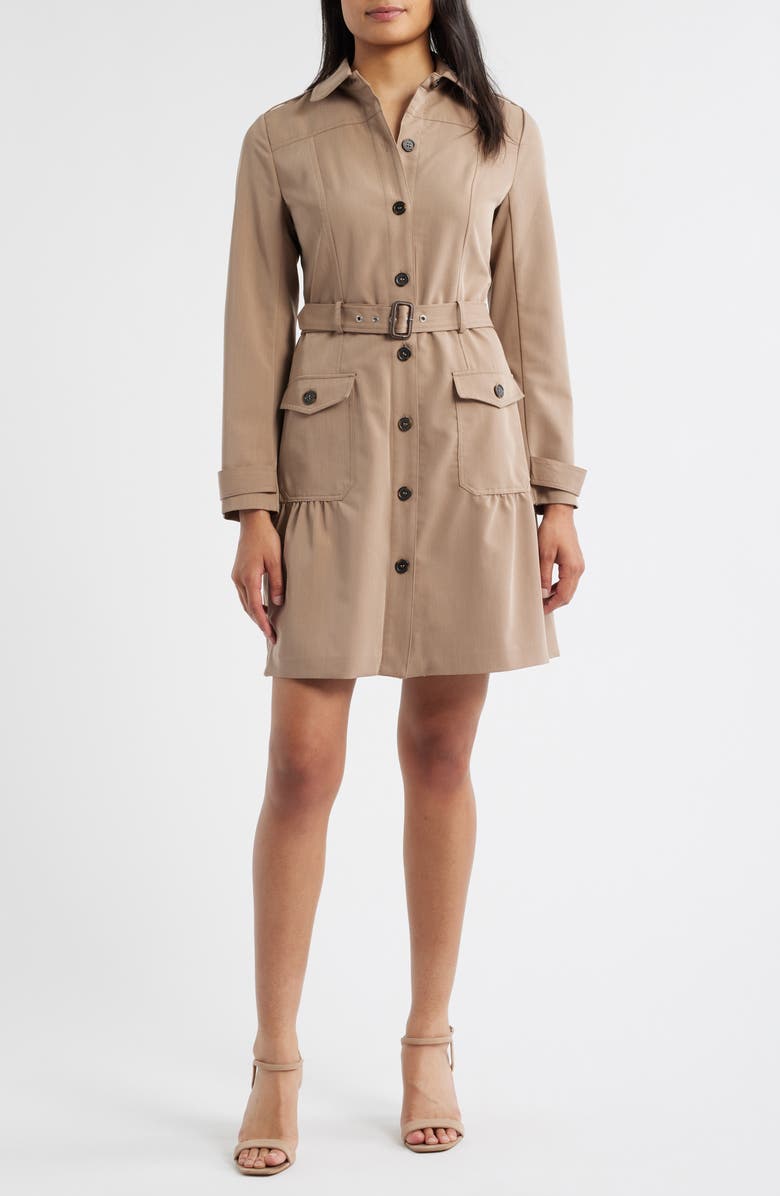 Tahari ASL Safari Belted Long Sleeve Minidress, Main, color, Latte