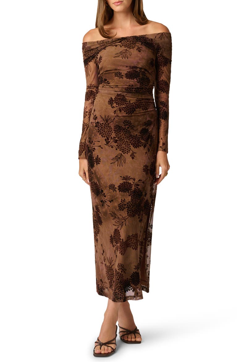 Off the Shoulder Long Sleeve Velvet Mesh Maxi Dress, Main, color, CHOCOLATE