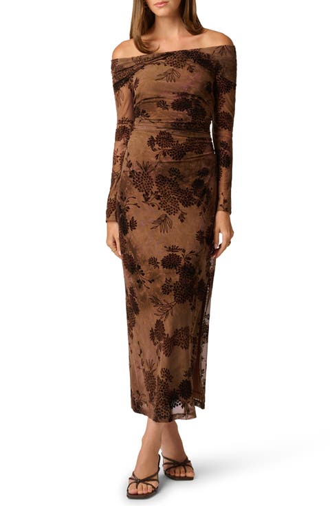 Off the Shoulder Long Sleeve Velvet Mesh Maxi Dress
