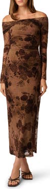 Adrianna Papell Off the Shoulder Long Sleeve Velvet Mesh Maxi Dress