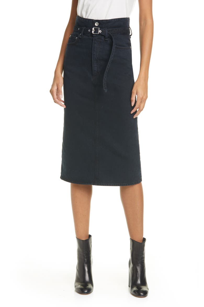 Paperbag Waist Denim Midi Skirt, Main, color, BLACK BIRD
