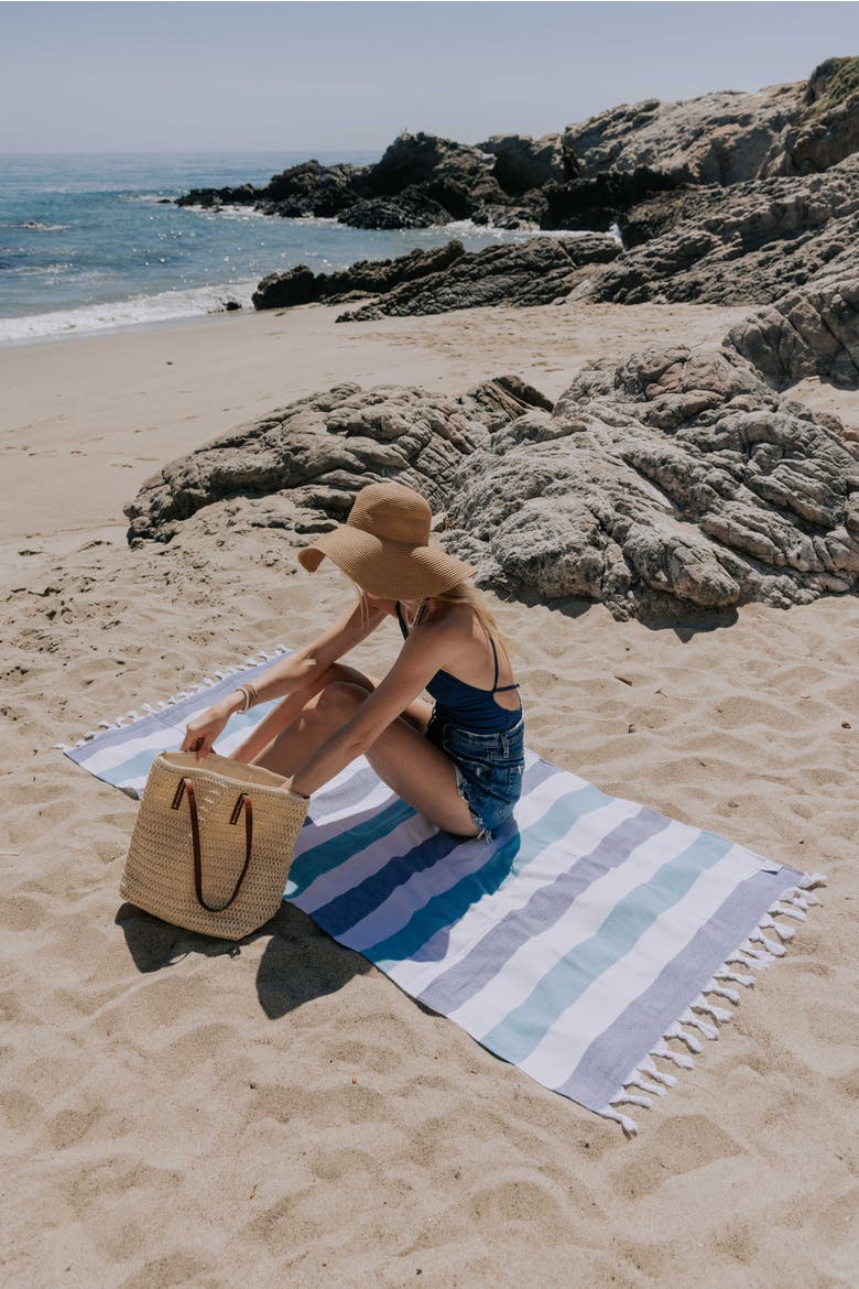 Kapris Striped Organic Turkish Towel with Soft Terry Cloth Back, Alternate, color, Navy and Aqua