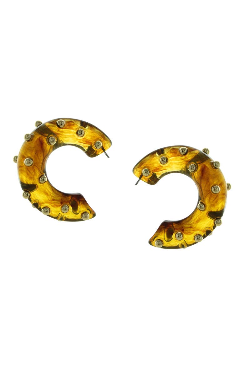 Brandy Studded Resin Hoop Earrings, Main, color, GOLD / BROWN