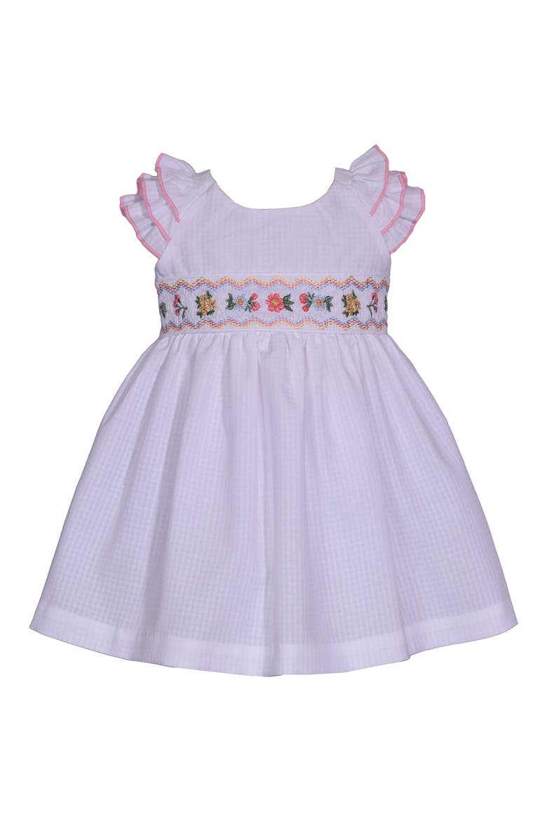 Check Print Floral Embroidered Smocked Dress & Bloomers, Main, color, WHITE