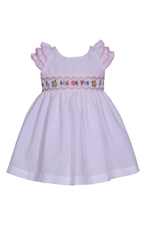 Check Print Floral Embroidered Smocked Dress & Bloomers
