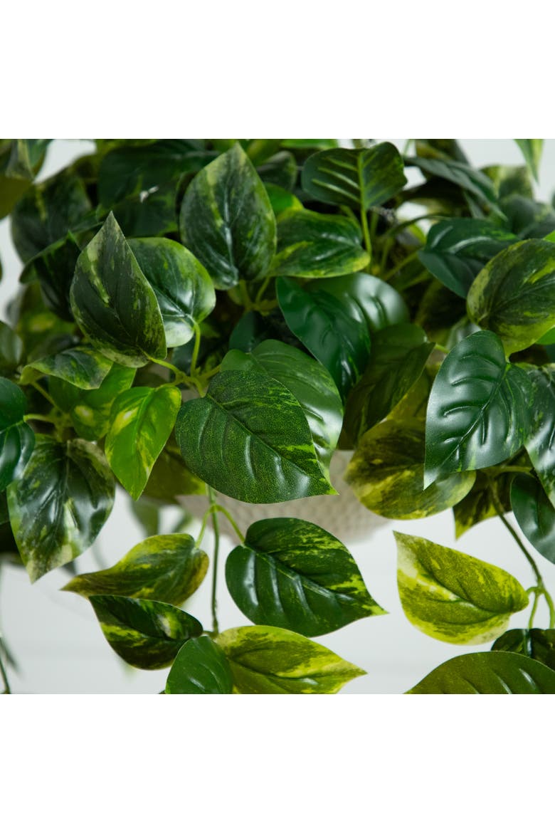 24-inUV Resistant Artificial Pothos with 50 Warm White LED Lights in White Hanging Basket, Alternate, color, Green