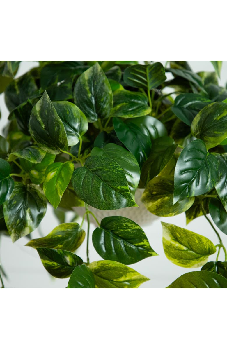 NEARLY NATURAL 24-inUV Resistant Artificial Pothos with 50 Warm White LED Lights in White Hanging Basket, Alternate, color, Green