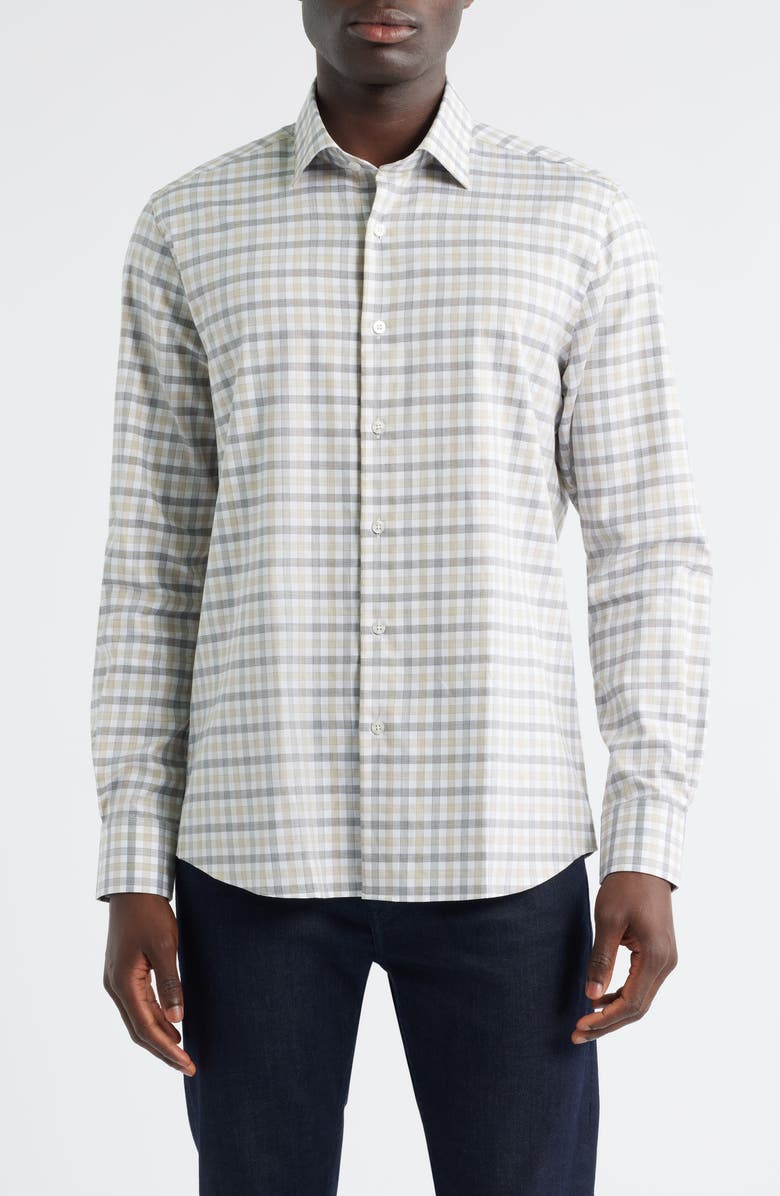 Scott Barber Regular Fit Check Mélange Cotton Gingham Button-Up Shirt, Main, color, Khaki