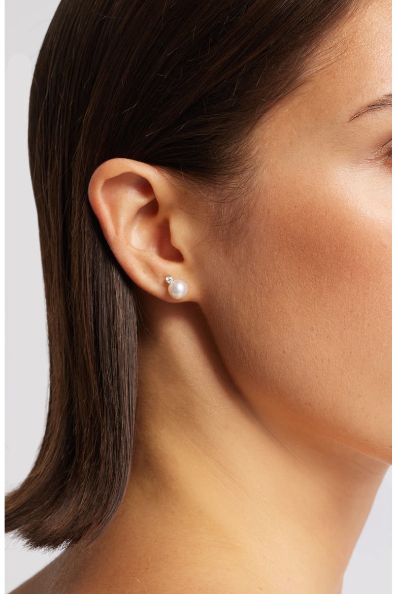 Diamond & Freshwater Pearl Stud Earrings, Alternate, color, WHITE- 14K WHITE GOLD