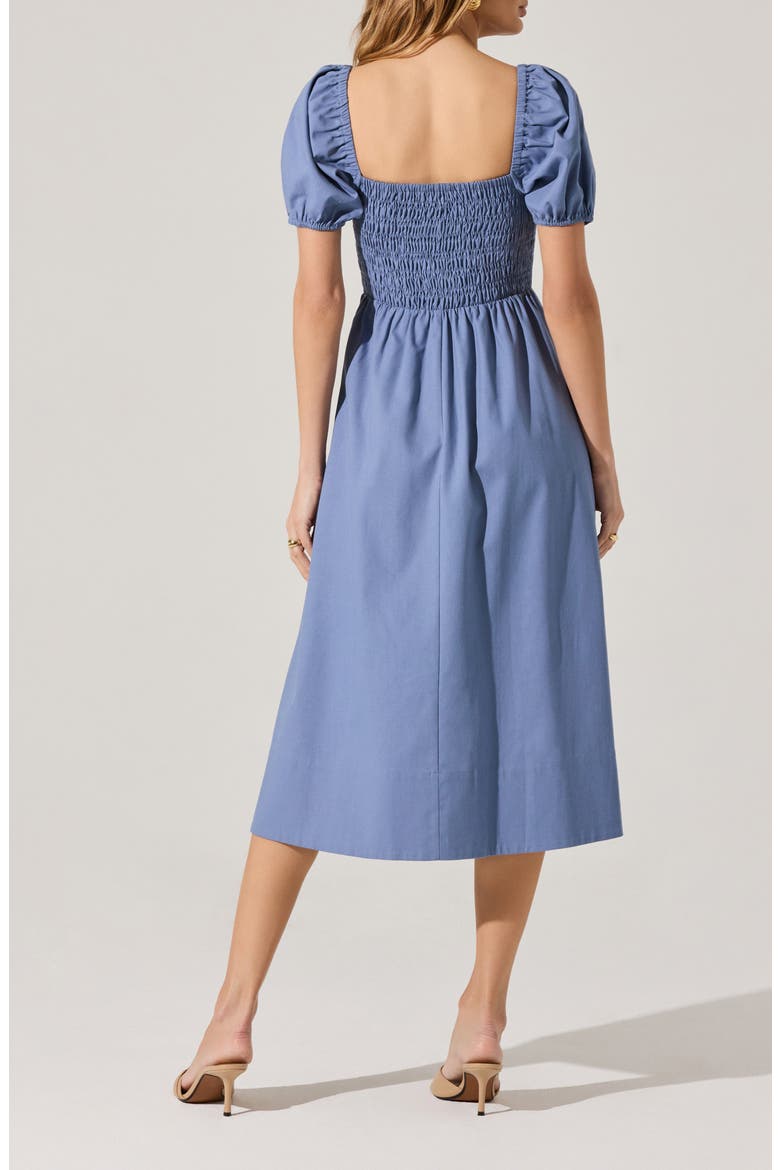 Bow Detail Smock Bodice Cotton Blend Dress, Alternate, color, DENIM BLUE
