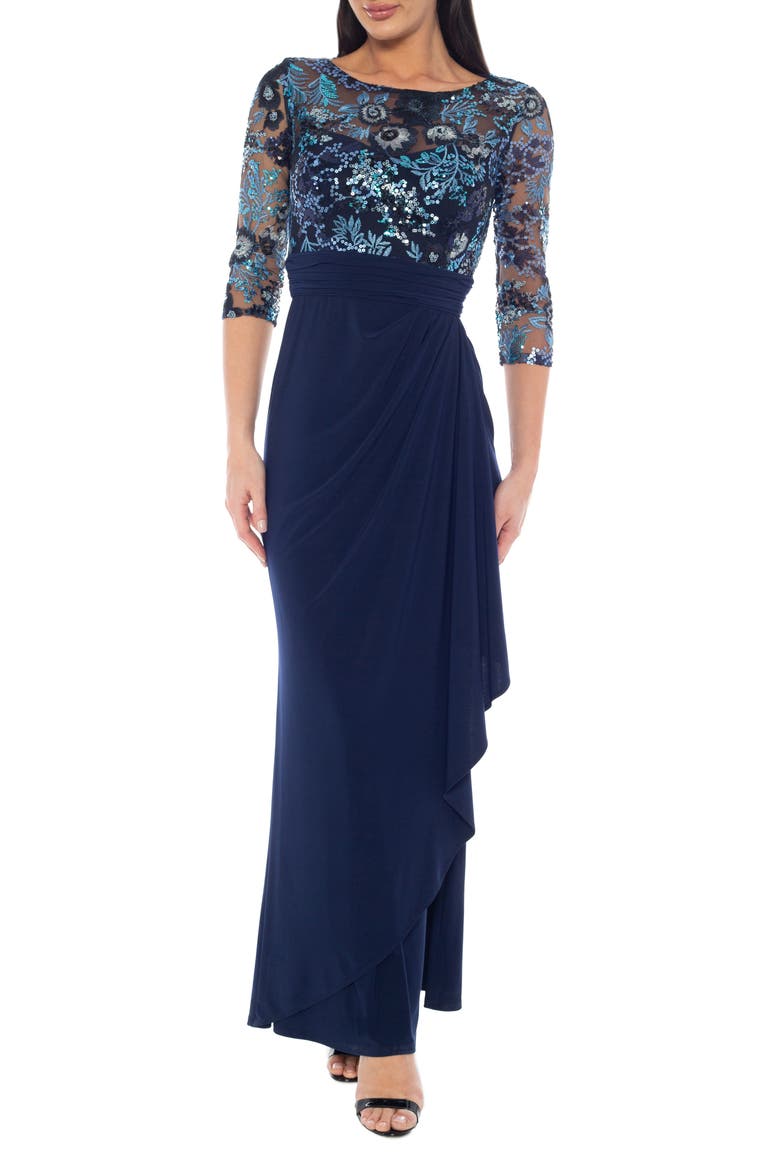 Mesh Sequin Three-Quarter Sleeve Gown, Main, color, NAVY