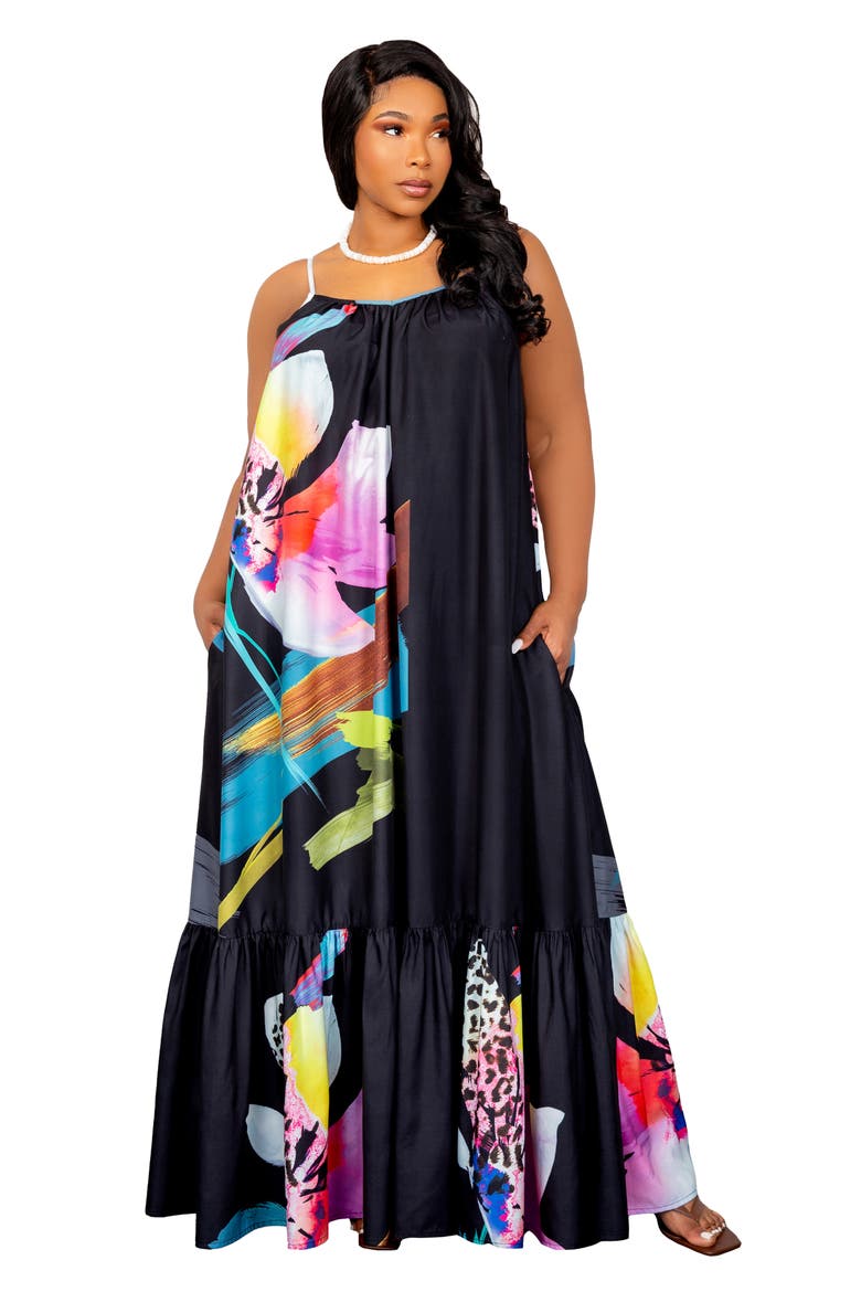 Floral Print Voluminous Maxi Dress, Alternate, color, BLACK MULTI