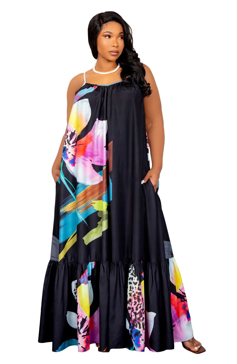 BUXOM COUTURE Floral Print Voluminous Maxi Dress, Alternate, color, Black Multi