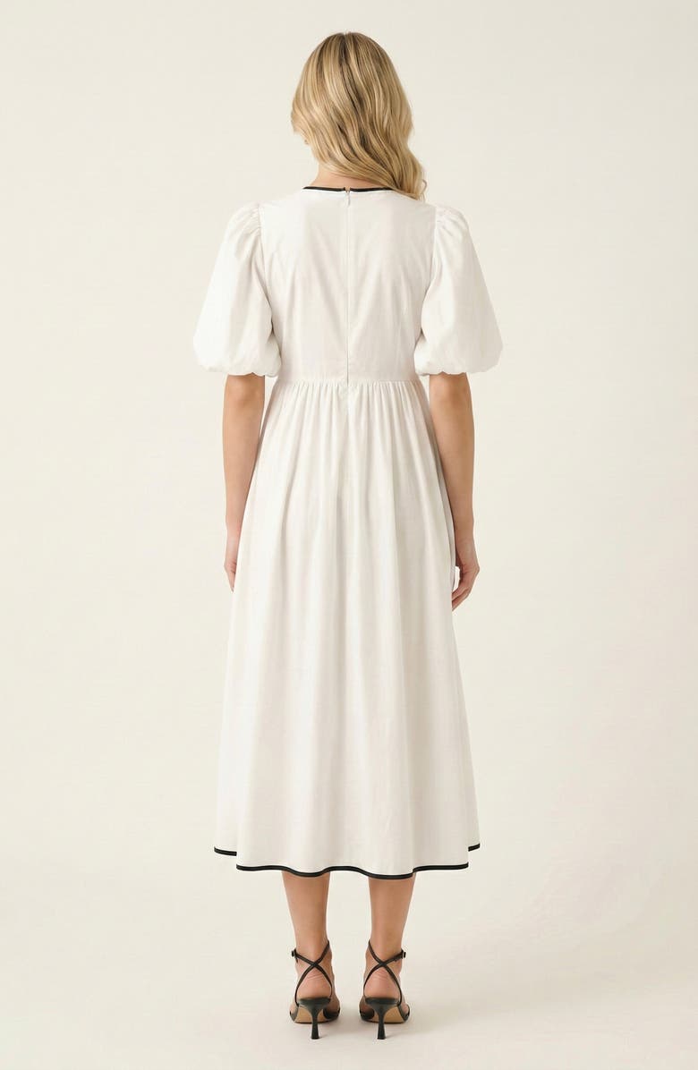 Modenaire Puff Sleeve Midi Dress with Tiered Front Ties and Contrast Trim, Alternate, color, White / Black Trim
