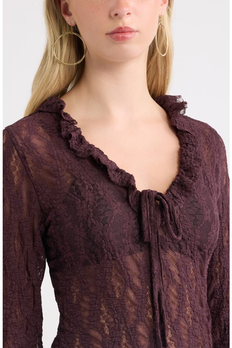 Ruffle Tie Neck Lace Top, Alternate, color, BURGUNDY FUDGE