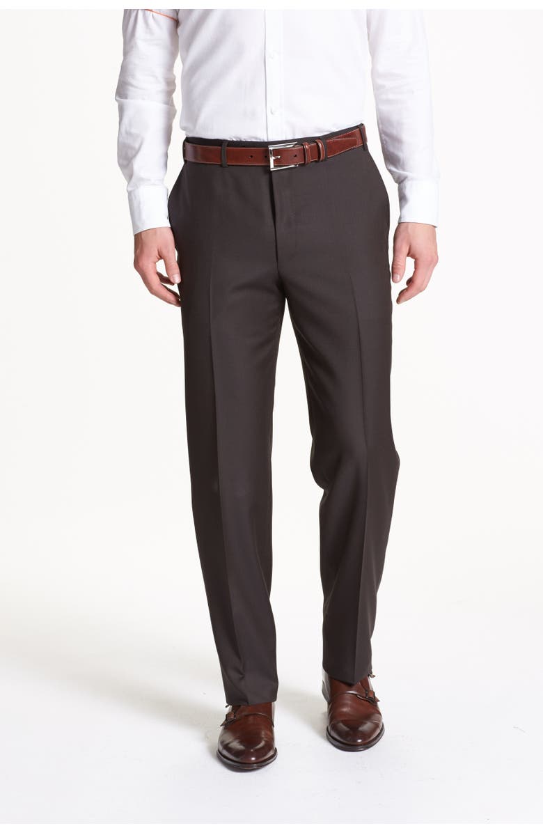 Canali Flat Front Solid Wool Trousers, Main, color, Dark Brown