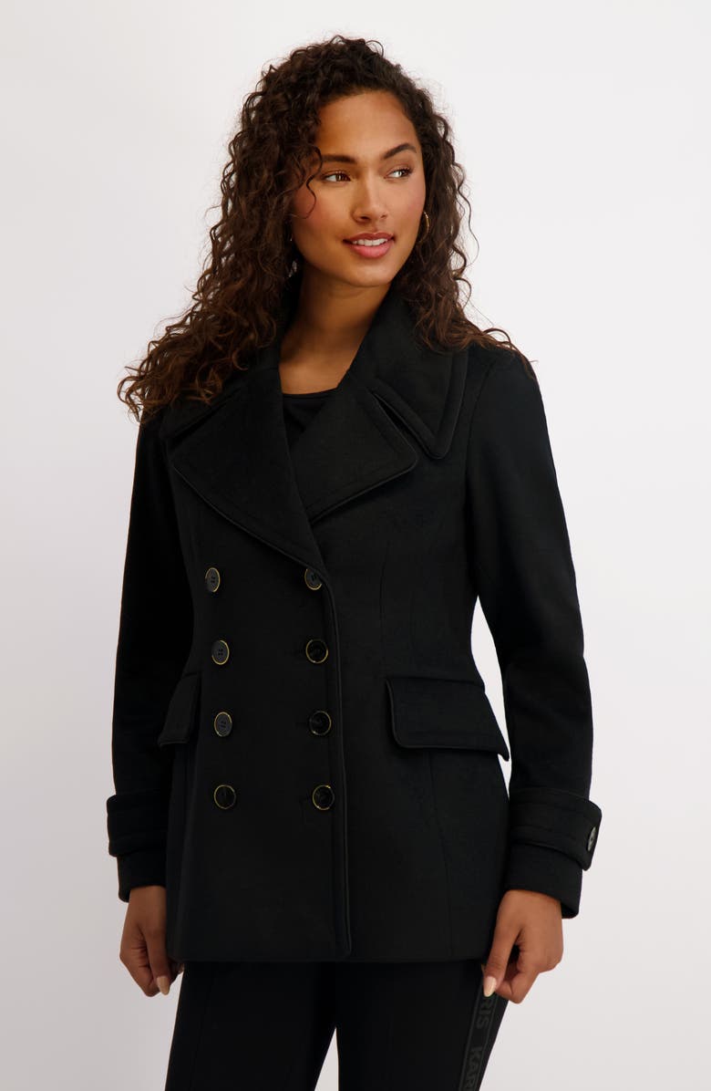 KARL LAGERFELD PARIS Piped Double Breasted Coat, Alternate, color, Black