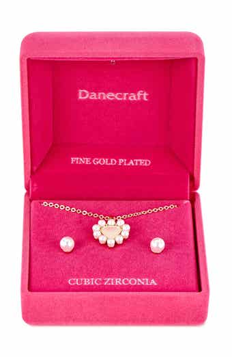 Danecraft Faux Pearl Heart Pendant Necklace & Stud Earrings Set