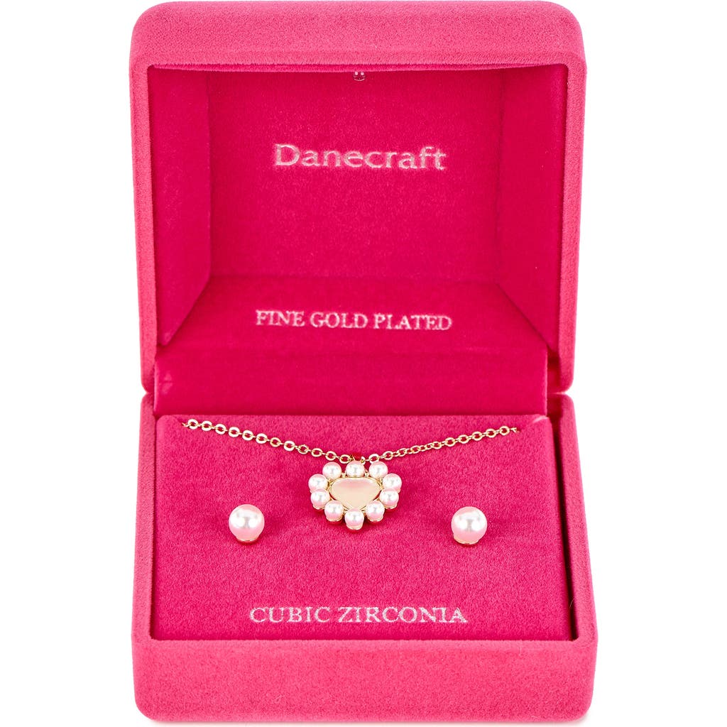 Danecraft Faux Pearl Heart Pendant Necklace & Stud Earrings Set In Gold