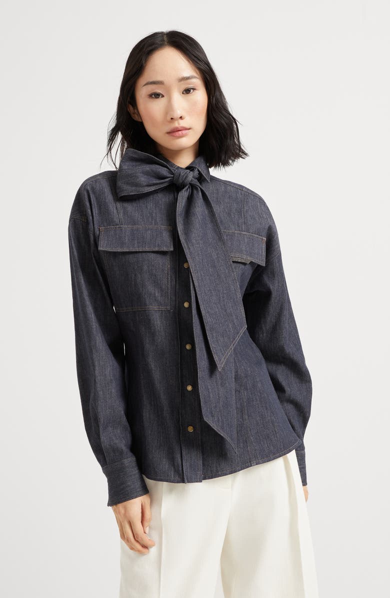Brunello Cucinelli Pussybow shirt with monili, Alternate, color, Dark Denim