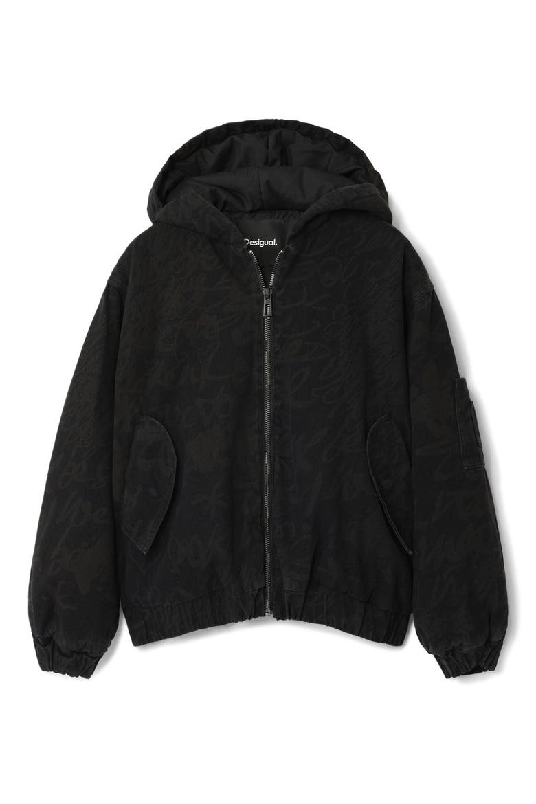 Tonal Pattern Hooded Jacket, Alternate, color, BLACK