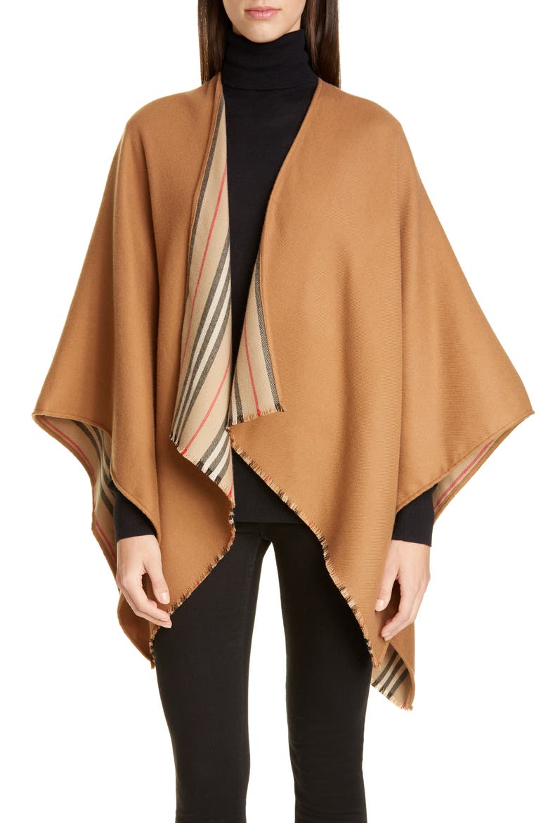 Icon Stripe Reversible Wool Cape, Main, color, FLAXSEED