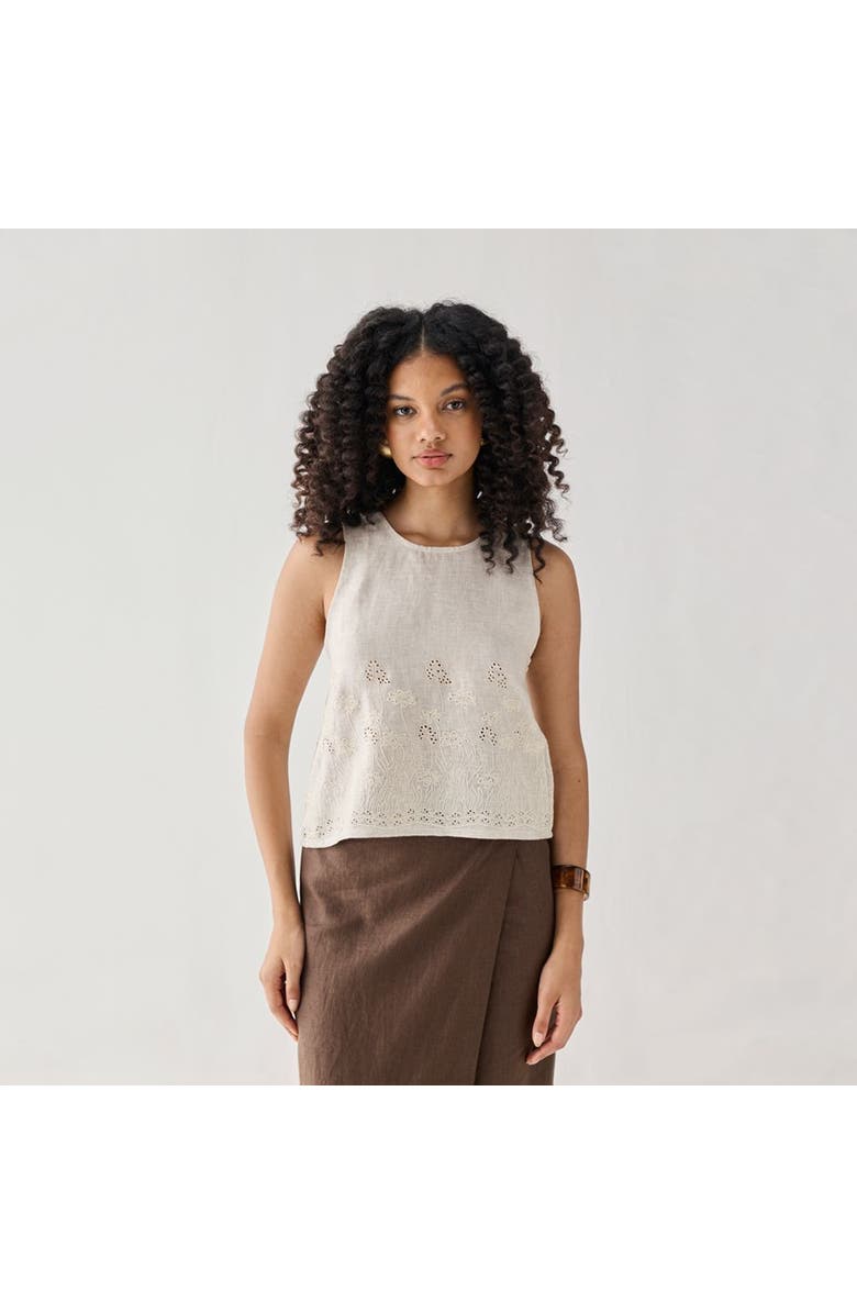 Reistor Embroidered Button Back Top in Checkered Linen, Main, color, Embroidered Linen White