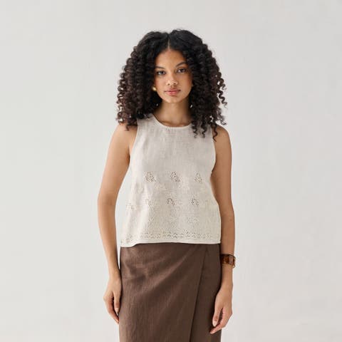 Embroidered Button Back Top in Checkered Linen