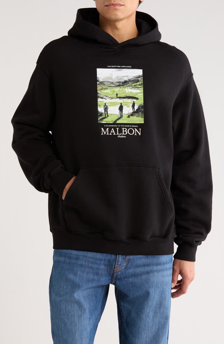 Malbon Golf Fesque Embroidered Lowlands Graphic Hoodie, Main, color, Black