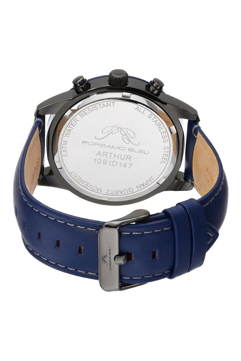 Men's Arthur Chronograph Leather Strap Watch, 44mm, Alternate, color, BLUE/GUNMETAL