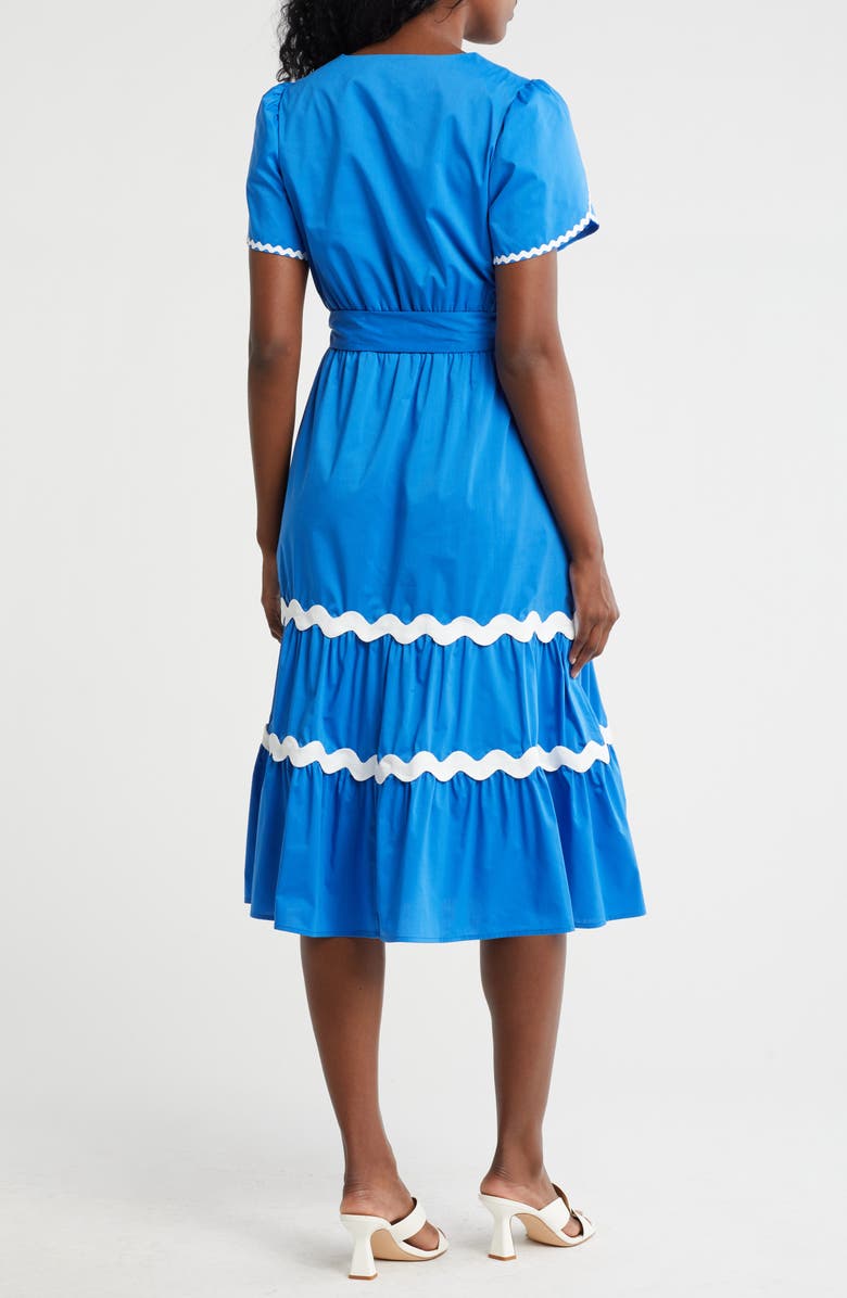 Nanette Lepore Wavy Lace Trim Tie Waist Midi Dress, Alternate, color, Cobalt/ White