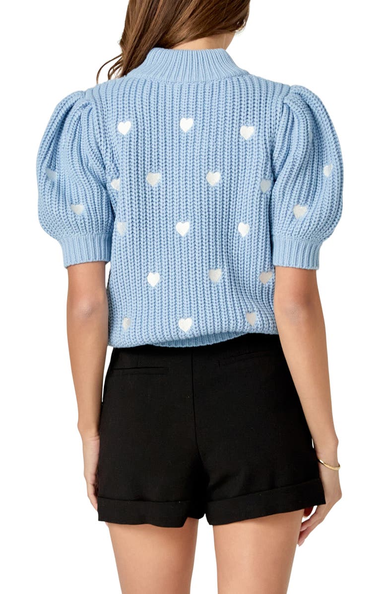 English Factory Heart Embroidered Puff Sleeve Sweater, Alternate, color, Powder Blue