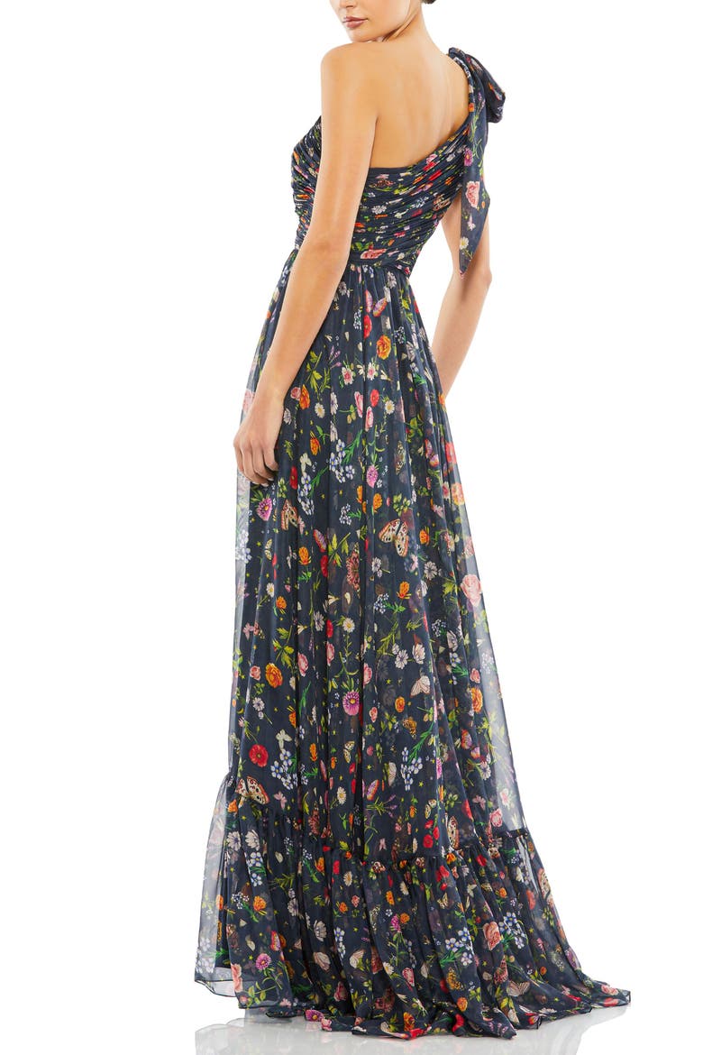 Petite Tied One Shoulder Cut-Out Flowy Gown, Alternate, color, Navy Multi
