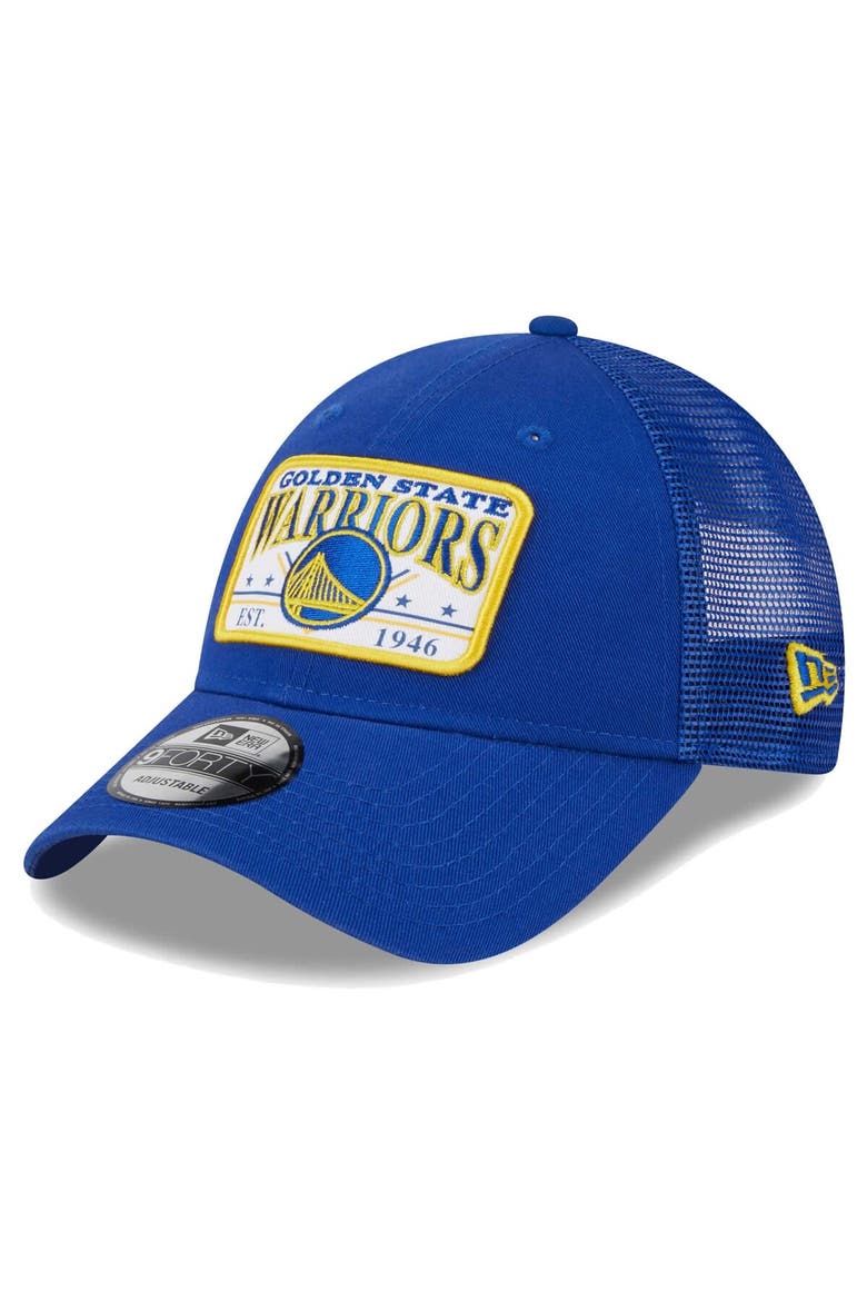 Men's New Era  Royal Golden State Warriors Plate Oversized Patch Trucker 9FORTY Adjustable Hat, Main, color, Royal