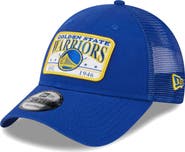 New Era Men's New Era  Royal Golden State Warriors Plate Oversized Patch Trucker 9FORTY Adjustable Hat