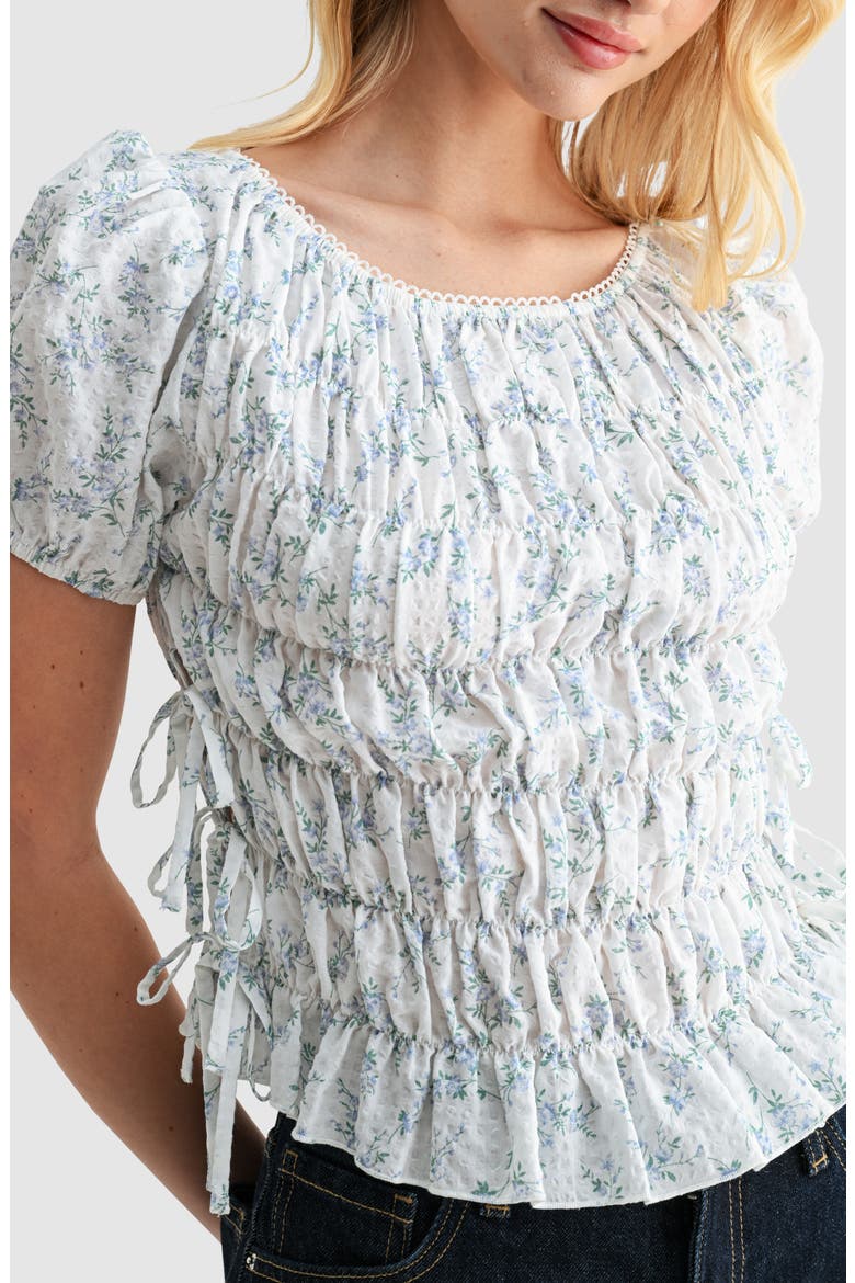 Floral Smocked Side Tie Cotton Top, Alternate, color, IVORY BLUE