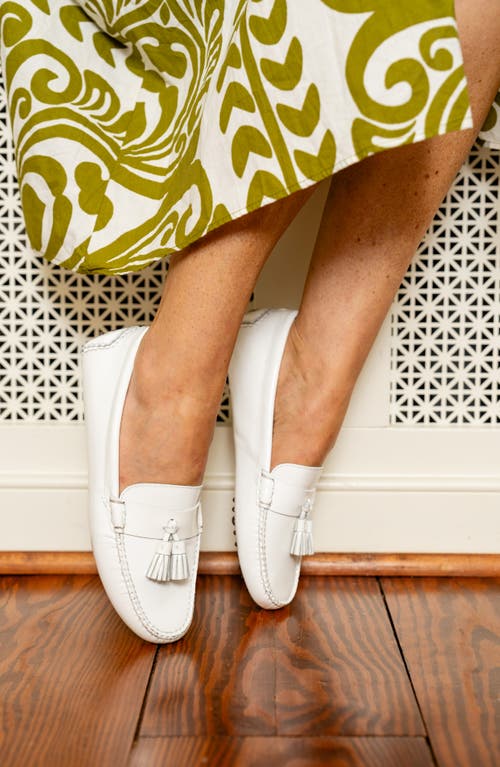 Patricia Green Jordan Moc Toe Tassel Loafer In White Patent
