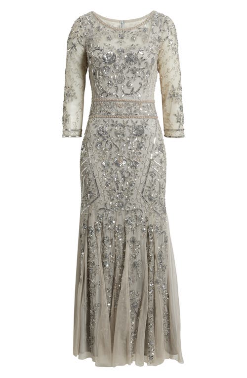 Pisarro Nights Beaded Chiffon Column Gown In Silver