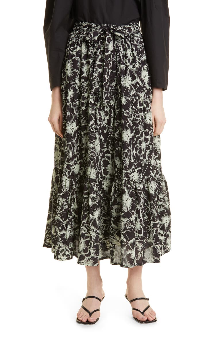 Paola Floral Print Tie Waist Maxi Skirt, Main, color, BLACK HIBISCUS