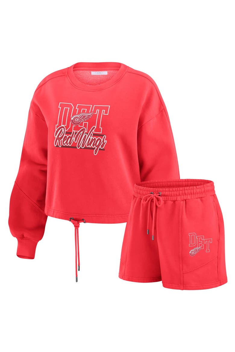 Women's WEAR by Erin Andrews Red Detroit Red Wings Washed Fleece Sweatshirt & Shorts Lounge Set, Main, color, Red