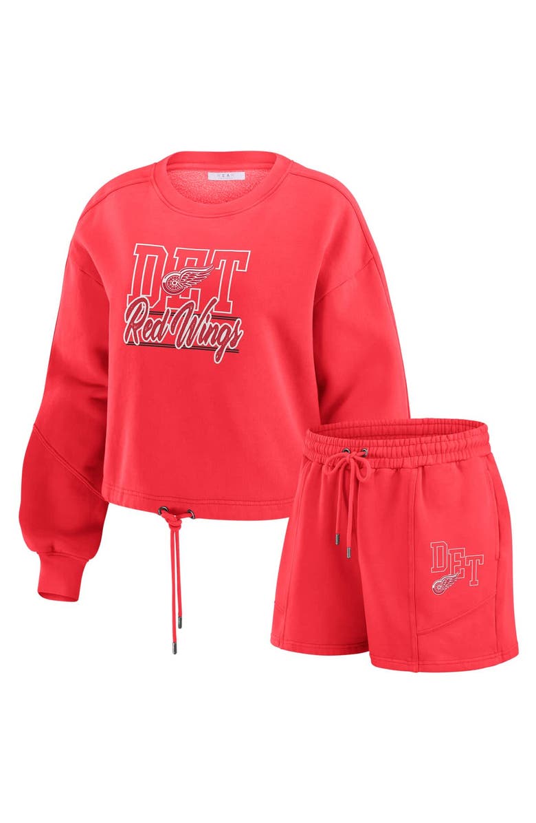 WEAR by Erin Andrews Women's WEAR by Erin Andrews Red Detroit Red Wings Washed Fleece Sweatshirt & Shorts Lounge Set, Main, color, Red