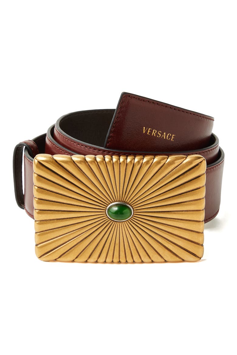 Sunray Buckle Leather Belt, Alternate, color, ROSEWOOD GREEN-GOLD 82