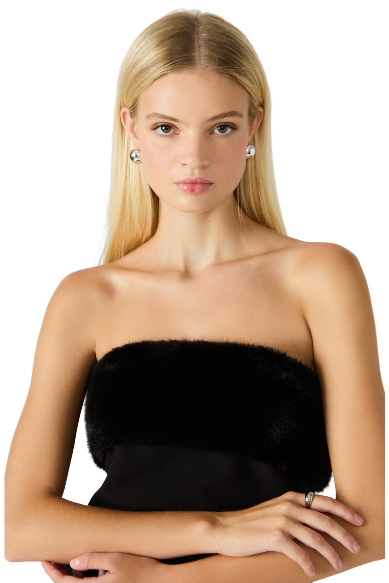 Aster Faux Fur Trim Strapless Minidress, Alternate, color, BLACK
