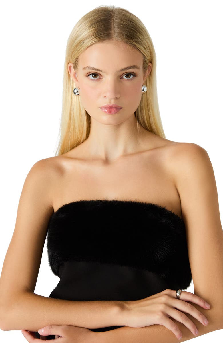 Steve Madden Aster Faux Fur Trim Strapless Minidress, Alternate, color, Black