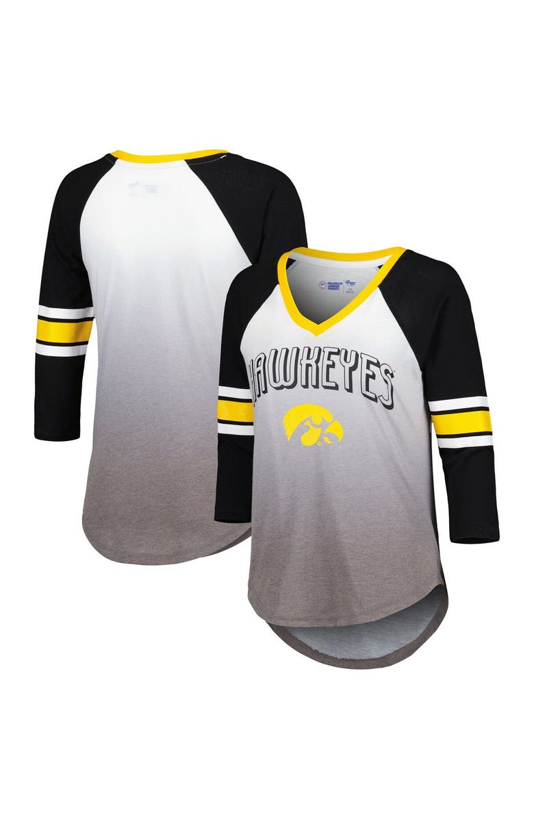 G-III 4HER BY CARL BANKS Women's G-III 4Her by Carl Banks White/Black Iowa Hawkeyes Lead Off Ombre Raglan 3/4-Sleeve V-Neck T-Shirt, Main, color, 