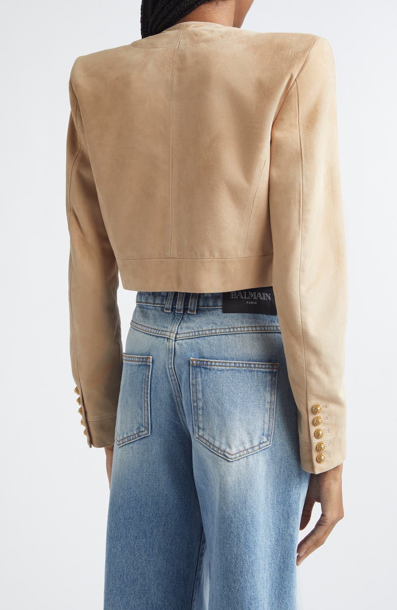 Balmain Crop Suede Spencer Jacket, Alternate, color, 8Fi Sand