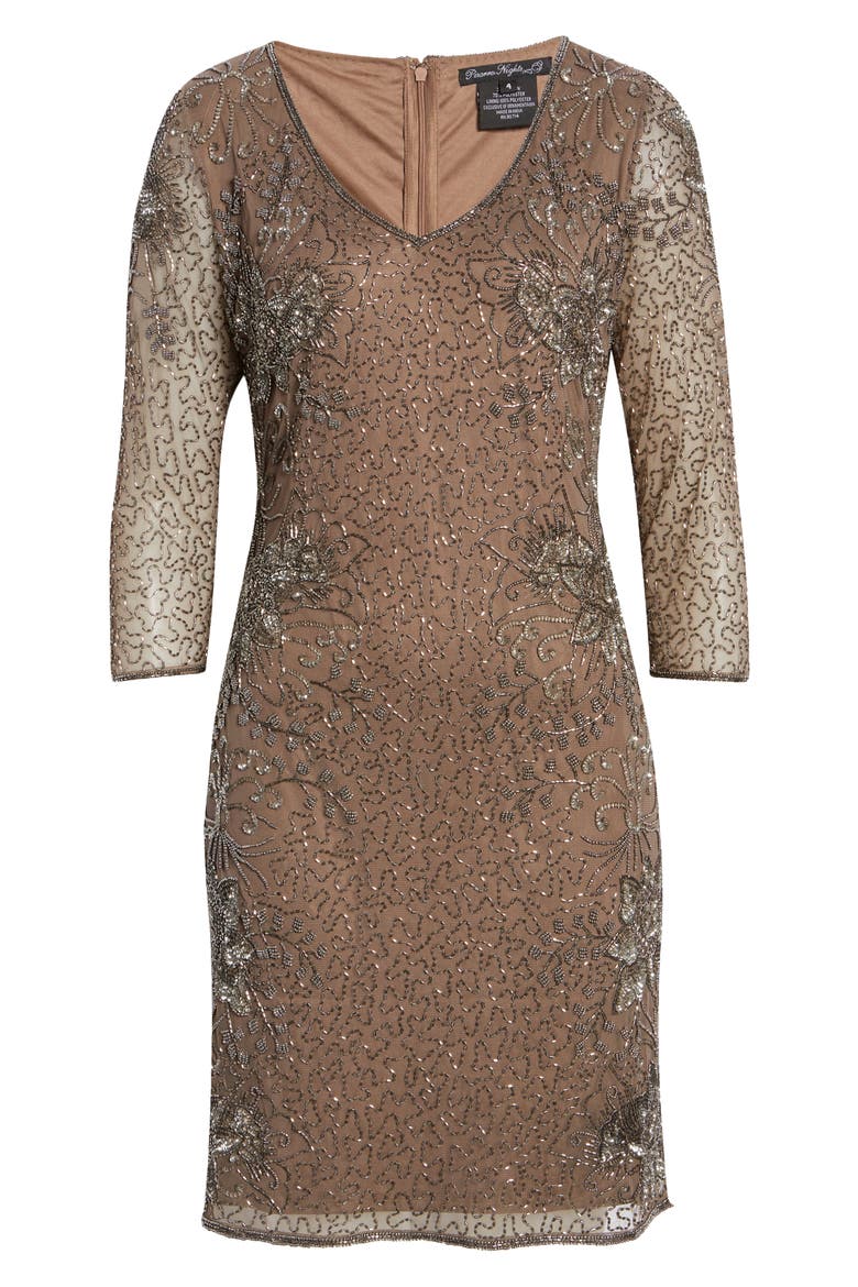Beaded V-Neck Cocktail Dress, Alternate, color, MOCHA