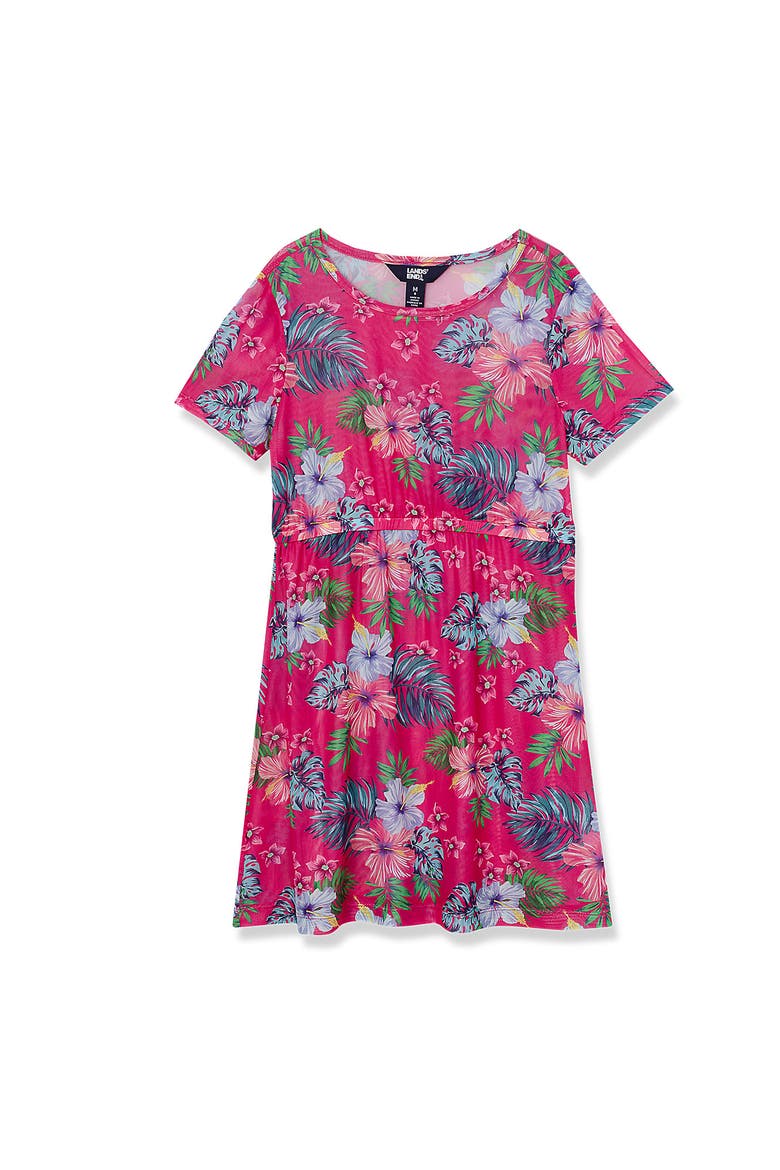 Girls Short Sleeve Mesh Cover Up, Main, color, Hot Pink Palm