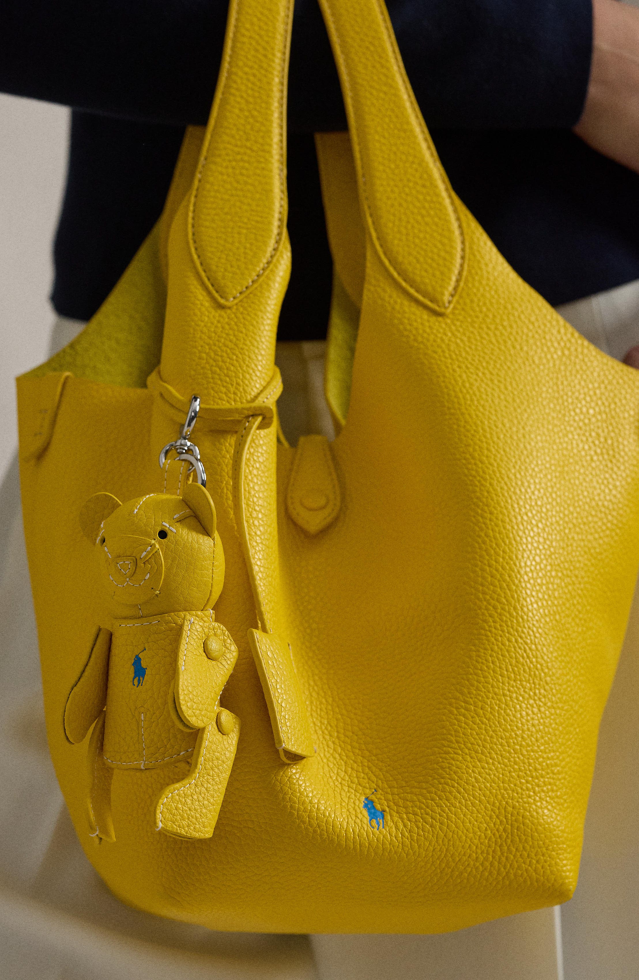 Polo Ralph Lauren Pebble Leather Polo Bear Charm, Alternate, color, Canary Yellow